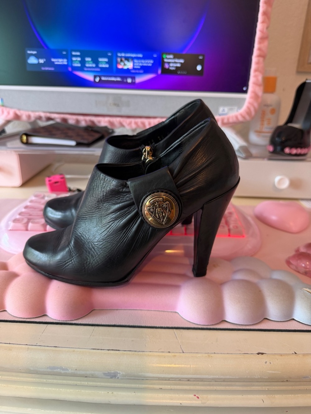 Gucci Black Leather High-Heel Dress Booties with Decorative Medallion